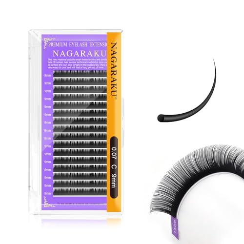 NAGARAKU Extension Ciglia Naturali Ciglia Singole Classico One to One Naturali Estensione Delle Individuale Finte Ciglia Volume Russo Eyelash Extensions Ciglia Nero 16 Rows(0.07mm C Curl 9mm)
