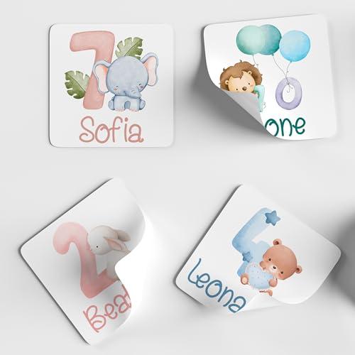 Adesivi Personalizzati per Feste di Compleanno, 20 Pezzi, 4x4 cm, Quadrati, Stampa su Carta Adesiva, Numeri da 1-12 Anni, Nome