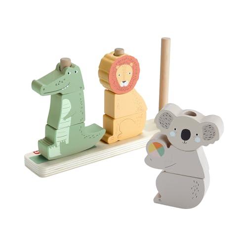 Fisher-Price - Animali in legno da impilare, 9 animali in legno a blocchi e una base, gioco a tema animali per stimolare la creatività, giocattolo per bambini, 12+ mesi, HXV04
