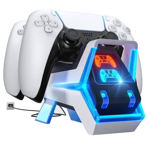Fenolical Stazione di Ricarica Rapida USB per Controller PS5, Adattatore AC 5V/3A, Accessori Ricarica Doppia Playstation5 Stile Cane Elettronico con Indicatore LED, Blu/Bianco