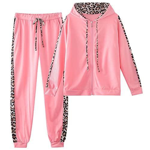 amropi Donna Tuta Sportiva Set Leopardato Maniche Lunghe Felpa con Cappuccio e Jogging Pantaloni (Rosa, XL)