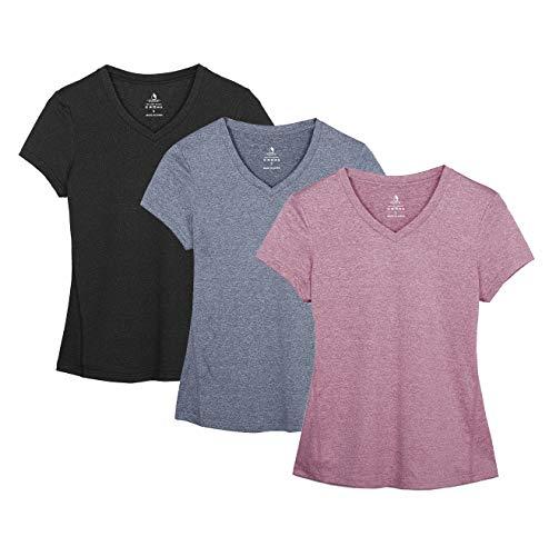icyzone Donna Maglietta da Sportivo Traspirante con Scollo a V, Confezione da 3 Fitness Corsa T-Shirt -S-Nero/Blu Navy/Vino Rosato