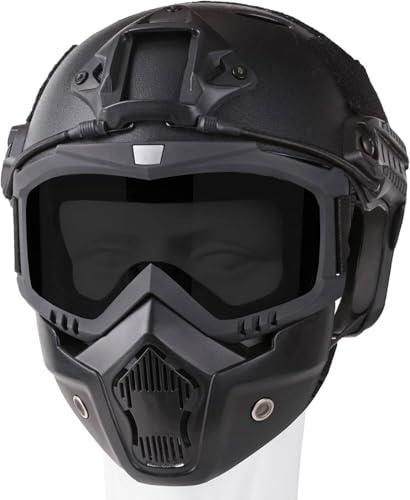 Casco E Maschera Airsoft, con Occhiali Rimovibili Regolabili Airsoft Protezione Maschere Viso Complete, Tattica Militare CS Game Gear (nero)