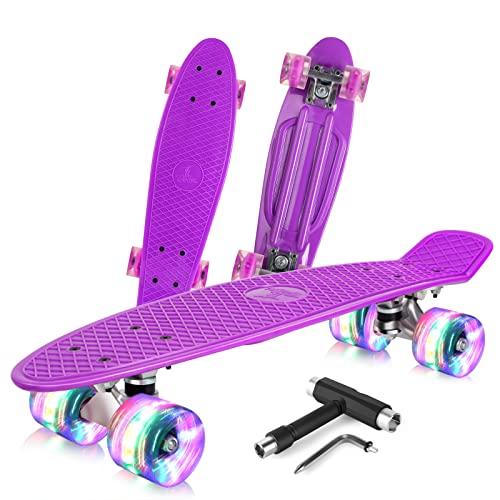 BELEEV Skateboard 22 inch Completo Mini Cruiser LED Skateboard per Bambini, Giovani e Adulti, Ruote con all-in-One Skate T-Tool per Principiante Skateboard 56cm