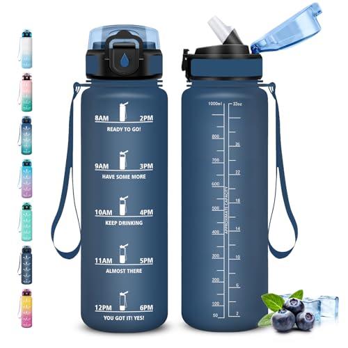 Borraccia 1 litro, Borraccia con Cannuccia, Senza Perdite, Borraccie Palestra, Facile da Pulire, Borraccie Motivazionale, Borracce con Chiusura di Sicurezza, per Fitness, Yoga, Campeggio, Viaggio