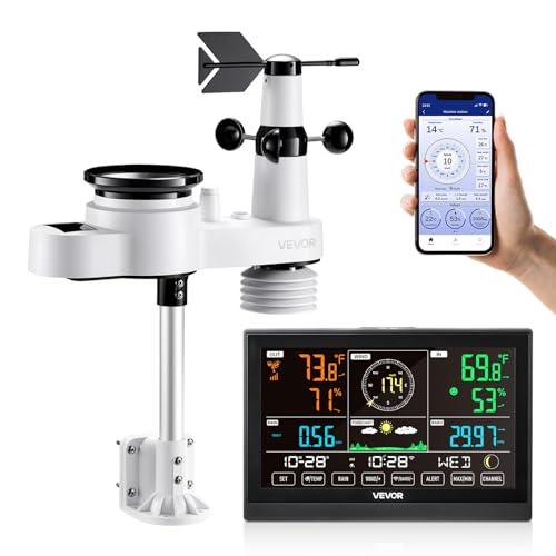 VEVOR Stazione Meteorologica Wi-Fi, Schermo VA da 190 mm, Sensore Esterno Wireless Alimentato a Energia Solare, Pluviometro, per Previsioni del Tempo, Temperatura, Umidità, Precipitazioni