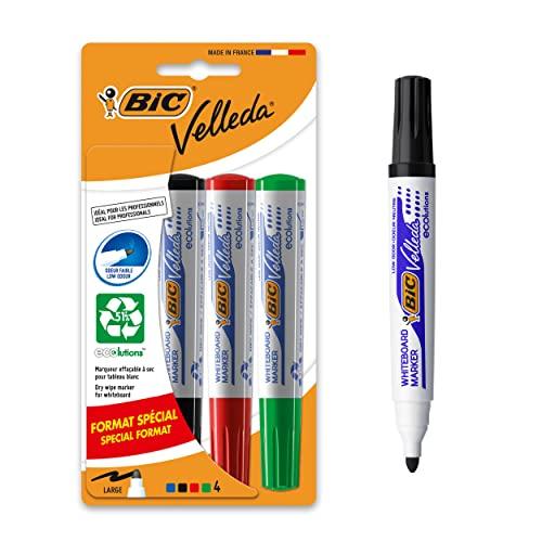 BIC Velleda 1701 Ecolutions - Pennarelli per lavagna, cancellabili a secco, punta conica, colori assortiti, confezione da 4