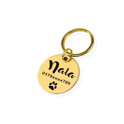 Targhetta per cani con incisione | Personalizzabile con nome, numero di telefono, calligrafia, zampa, cuore, corona | Ciondolo con nome in acciaio inossidabile da ⌀23 mm per collare (Oro)