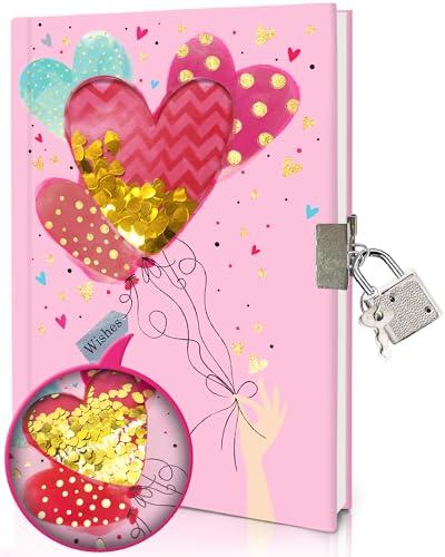 Diario Segreto Bambina con Lucchetto, 80 Fogli a Righe da 17,8 x 13,5 cm Paillettes Shakable Quaderno per bambino per la Scrittura Scolastica Cuore Regalo per Ragazze di età 6 7 8 9 10 11 12 Anni