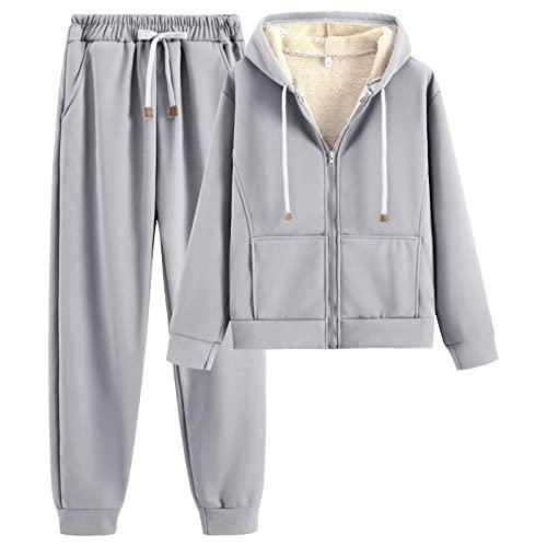 amropi Tuta da Donna Vello Foderato Cappotto con Cappuccio e Pantaloni Inverno Caldo Jogging Tute Grigio,L
