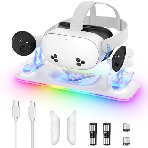Kinwin - Dock di ricarica per Meta Quest 3S/3, stazione di ricarica magnetica per Oculus Quest 3S/3, accessori con luce RGB, supporto di ricarica per cuffie VR e controller con 2 batterie ricaricabili