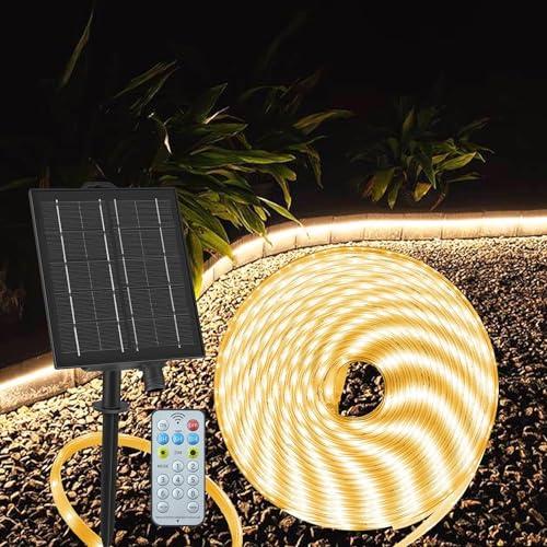 ZAIYW 10M Striscia LED Solare per Esterni, IP68 Impermeabile Solare LED Striscia con Telecomando e Timer, Autoadesiva e Tagliabile per Giardino e Cortile (Bianco Caldo)