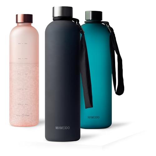 MAMEIDO Bottiglia acqua 1 litro, Borraccia plastica tritan a tenuta stagna, senza BPA, bottiglia motivazionale con orario (Rich Black)