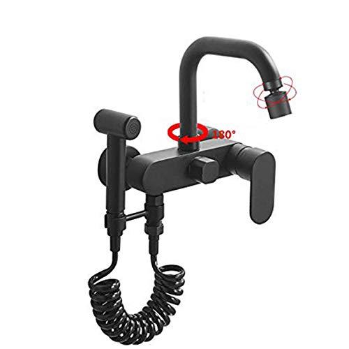 rubinetto cucina a muro Rubinetto della cucina Rotazione a 360 ° a parete Acqua per lavello a parete d'acqua possono essere commutate liberamente Tutto rame Con pistola a spruzzo a pressione-nero