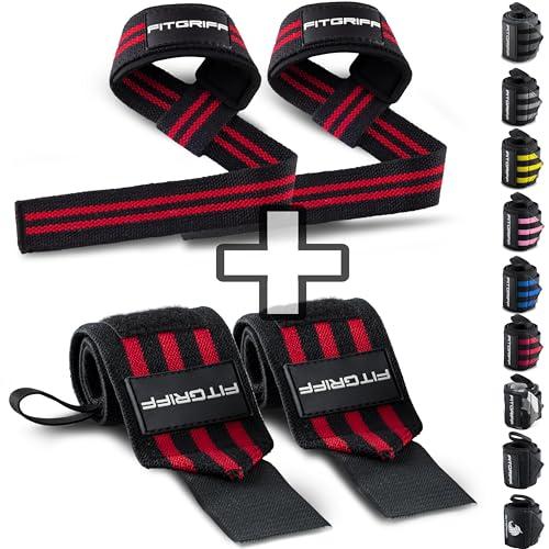 Fitgriff® Straps + Polsini per Palestra (1 Set) - Polsiere Gym e Fasce Sollevamento Pesi - Accessori Fitness (Black/Red)