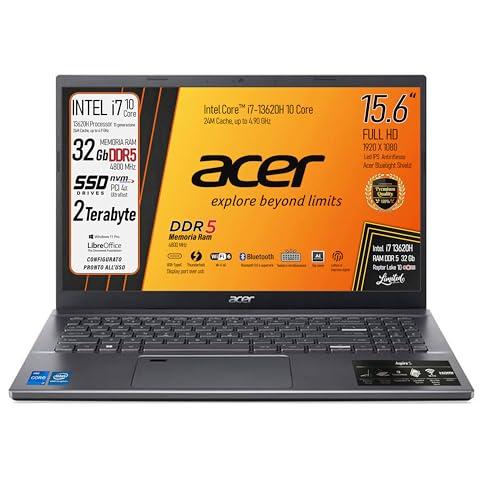 acer PC portatile Aspire Core i7-13620H, Raptor Lake, Ram DDR5 32Gb, SSD Pcie 2Tb, Display 15,6