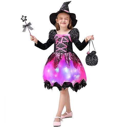 HERMORRYSS Costume da Strega Bambina, LED Ragazza Vestito Strega, Vestito Magico, Gonna Maga Halloween con Cappello, Bacchetta Magica, Witch Dress per Carnevale Compleanni Cosplay Festa (110)