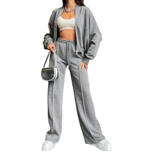 amropi Tuta da Donna Giacca con Cerniera e Pantaloni Jogging Tute 2 Pezzi Sportivo Completo Grigio Chiaro, L