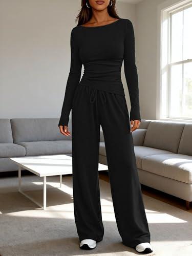 Set felpa da donna a maniche lunghe, scollo rotondo, crop top, gamba larga, casual, set da salotto, nero, Medium
