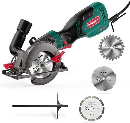HYCHIKA Sega Circolare 750W, Mini Sega Circolare 3500RPM, Profondità Di Taglio Massima 48 mm (90°) e 32mm (45°), Motore in Filo Di Rame Puro, per Tagliare Piastrelle, Metallo e Legno