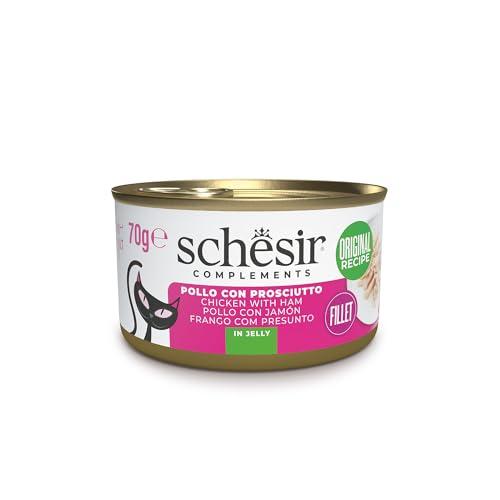 Schesir, Filetti di Pollo con Prosciutto in Gelatina, Cibo Umido Complementare per Gatti, Ricetta Originale, 100% Naturale, 12 lattine da 70g