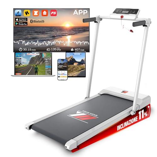 YM Tapis Roulant Elettrico Salvaspazio 12 km/h, Tappeto Corsa MAXI 42cm, MARCHIO ITALIANO, Telaio rinforzato, APP Interattive Bluetooth, Pieghevole, 12 Programmi, NEXT 1000 Your Move ASSISTENZA ITALIA