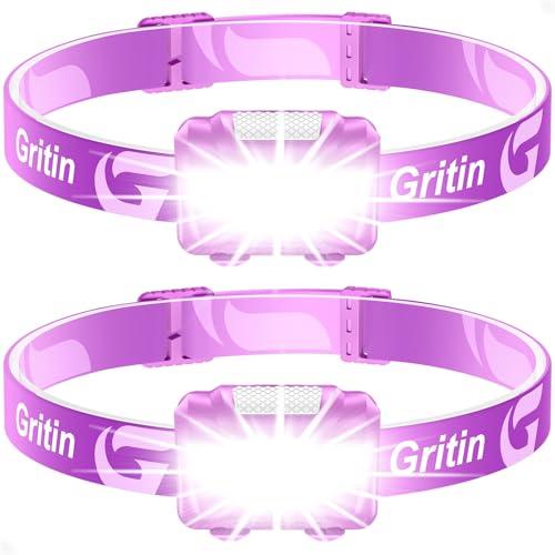 Gritin Lampada Frontale, [2 Pezzi] Super Luminosa Torcia Frontale LED con 3 Modalità di Illuminazione, IPX5 Impermeabile e Leggero Lampada da Testa per Campeggio, Corsa, Pesca (6 Batterie Incluse)