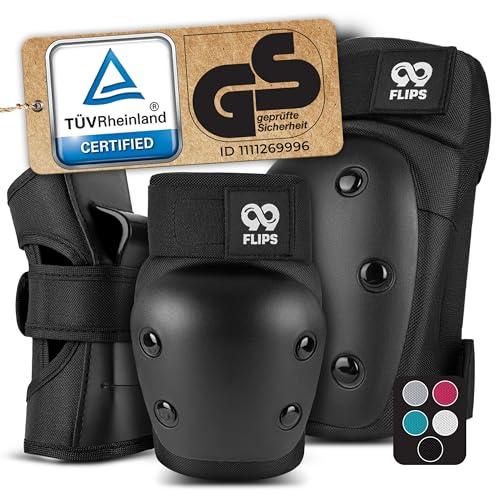 99FLIPS Protezioni Skateboard Adulti e Giovani [6pcs] Set di Protezioni da Donna con Ginocchiere, gomitiere e Protezioni per i Polsi per Skate, Bici e Rollerblade in Nero Taglia L
