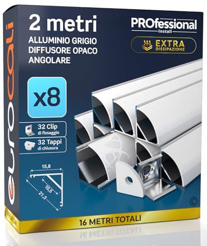 8 Profili Angolari da 2 metri (16mt) in Alluminio Grigio per Strisce LED Schermatura Opaca ingombro max striscia led 10.5mm - 15.8 x 15.8