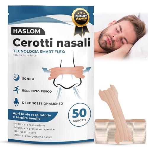 Haslom® 50 Cerotti Nasali Premium + Guida all’Uso – Migliora la Respirazione e l’Ossigenazione, Antirussamento per Dormire, Massima Aderenza per Sport e per Dormire