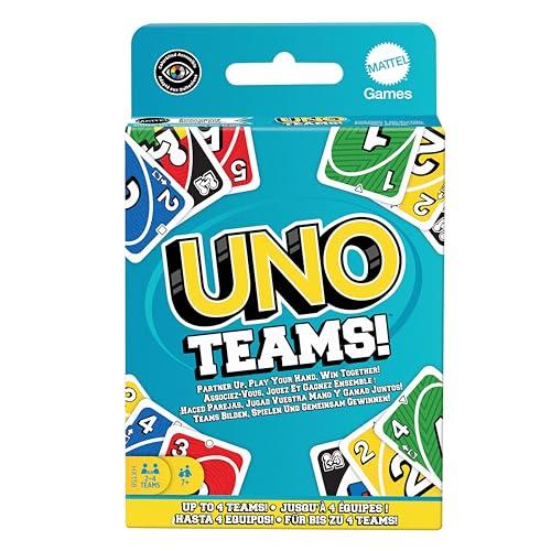 Mattel Games - UNO Teams, versione a squadre da due dell'iconico gioco, regole speciali e nuove carte Squadra Jolly, fino a 4 squadre, giocattolo per bambini, 7+ anni, HXT58