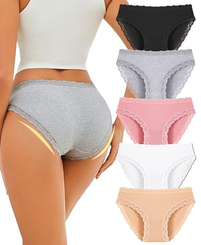ALL OF SHE Mutande Donna Cotone – Slip Donna Cotone Morbido con Pizzo, Biancheria Intima Comoda e Traspirante, Confezione da 5 Slip, Taglie M