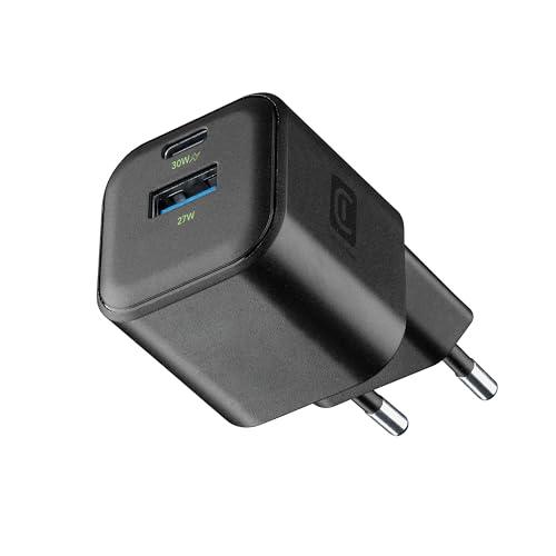 Cellularline Caricabatterie da rete con tecnologia GAN 30W - 2 porte USB-C e USB-A - ricarica rapida - formato compatto - nero