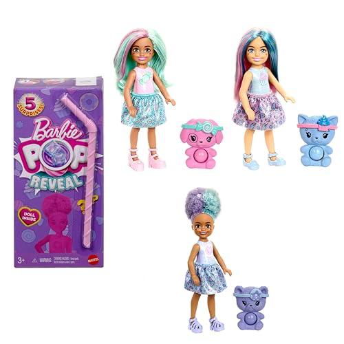 Barbie - Chelsea Pop Reveal Serie Dolcetti, mini bambola profumata con 5 sorprese, cucciolo interattivo ed effetto cambia colore inclusi, giocattolo per bambini, 3+ anni, JFY01
