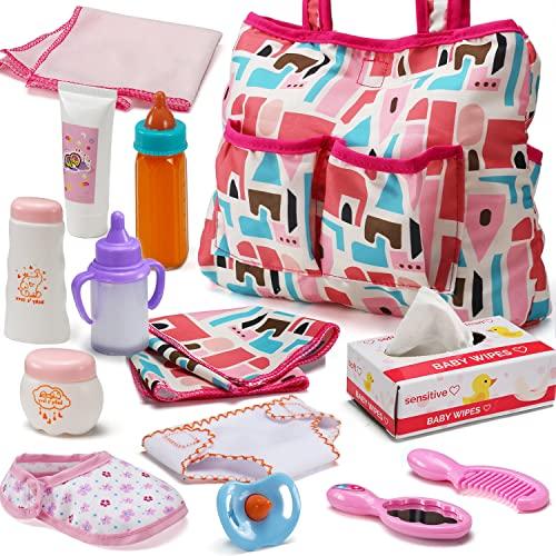 Confezione da 13 accessori per bambola, Set pappa e cura, Include borsa per i pannolini, pannolino per bambola, biberon magici, fasciatoio bambole, Set gioco simulazione, Idea regalo giocattoli