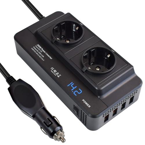 200W Inverter Auto 12V a 220V Onda Modificata Convertitore Potenza con 2 Prese, 4 Porte USB e Display Digitale Adattatore da Accendisigari per Auto, Camper, Barca, Telefono, Laptop, Tablet