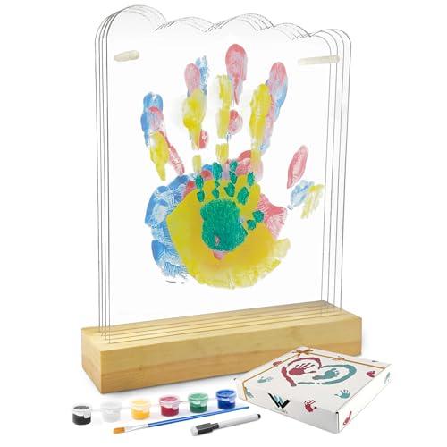 NEOWS Kit impronte Mani Famiglia Con Base in Legno e Foglie a Forma di Nuvola per 4 Persone, Cornice Personalizzata per Dipingere le Mani del Bambino e Genitori Idee Regalo Originali Ricordi per Nonni