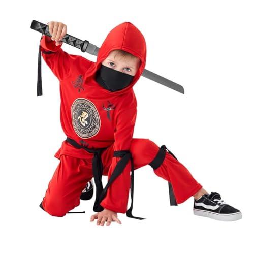 Udekit Costume da ninja rosso con cappuccio, pantaloni, nastri e spada giocattolo per bambini, festa cosplay di Halloween per 4-6 anni