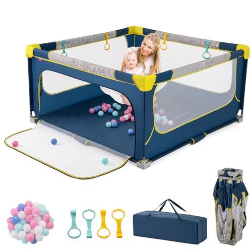 COSTWAY Box per Bambini 150 x 150 cm, Recinto per Bambini Pieghevole in Tessuto Oxford con Rete Traspirante, Box per Neonati con Giochi che Include 50 Palline, 4 Pezzi Anelli e Borsa (Blu)