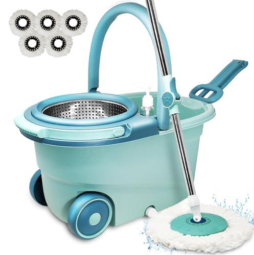 Lavapavimenti Mop Rotante, Roto Mocio in Microfibra con strizzatura automatica a centrifuga 360° secchio strizzatore flessibile, 5 Testine Sostitutive, Dispenser per detergente (Blu)