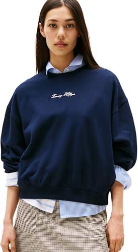 Tommy Hilfiger Donna Felpa Classic Script Terry Scollo Rotondo, Blu (Dark Night Navy), L