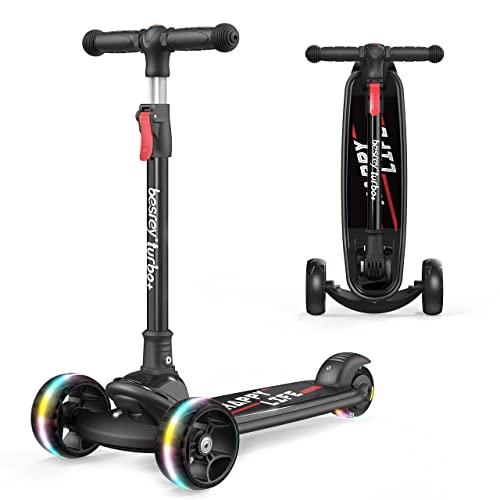 besrey Monopattino per Bambini da 3-10 anni, Monopattino Piegevole a 3 Ruote con Luci per Bambino e Bambina, Regolabile in 4 Altezze, Nero