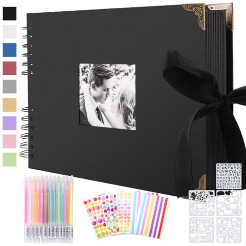 Album Fotografico Personalizzabile per Scrapbooking a Spirale, Album Foto Fai da Te, 80 Pagine Nere, 2 Angoli per Foto, 6 Adesivi, 5 Stencil, 12 Pennarelli Colorati, per Anniversario di Matrimonio
