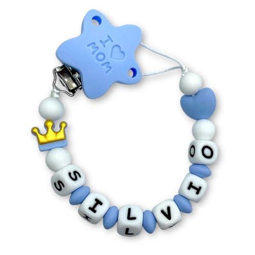 LulluLab Catenella Portaciuccio Con Nome, Personalizzato i ogni sua parte, tante Clip Portaciuccio da poter scegliere, ottima idea regalo per Baby Shower (Stella)