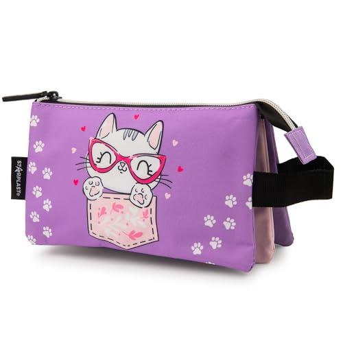 Starplast Astuccio a 3 scomparti con due cerniere, design esclusivi, in tessuto, per ragazzo, ragazza, unisex, scuola, scuola, bambino, novità, con manico per trasportare, Viola, Viola