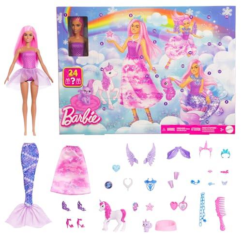 Barbie - Calendario dell'Avvento 2025, bambola trasformabile inclusa e 24 accessori a sorpresa tra cui unicorno e 3 cuccioli, giocattolo per bambini, 3+ anni, JFL66