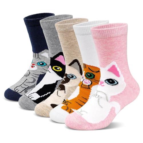 PUTUO Calzini Bambina Calze di Cotone: Calzini Bimba 23-26 Calzettoni Corte Bambini Calze Invernali Caldo Animali Divertenti 2-4 Anni 5 Paia Gatto