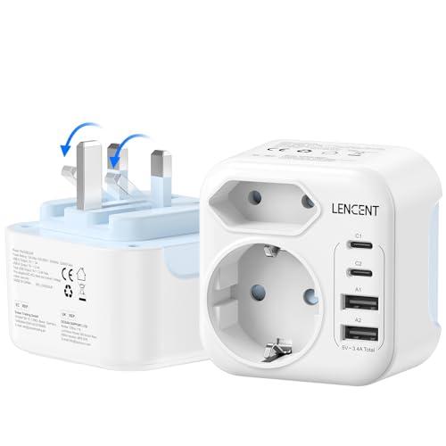 LENCENT Adattatore Presa Ingelese, Adattatore Spina Tipo G da Viaggio Pieghevole con 2 Porte USB-C & 2 Porte USB-A, Adattatori Presa EU Schuko a UK per Regno Unito, Irlanda, Dubai, Maldive, Scozia