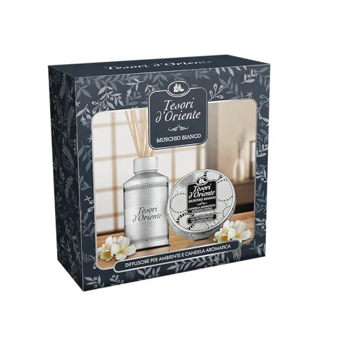 Tesori d'Oriente - Set Regalo, Profumatore per Ambienti con Bastoncini 200 ml e Candela Profumata Piccola 109 gr, Fragranza Muschio Bianco, Confezione Regalo