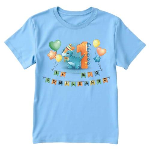 T-shirt in cotone adatto al compleanno 1 anno con tema dinosauro (Celeste, 1/2 anni)
